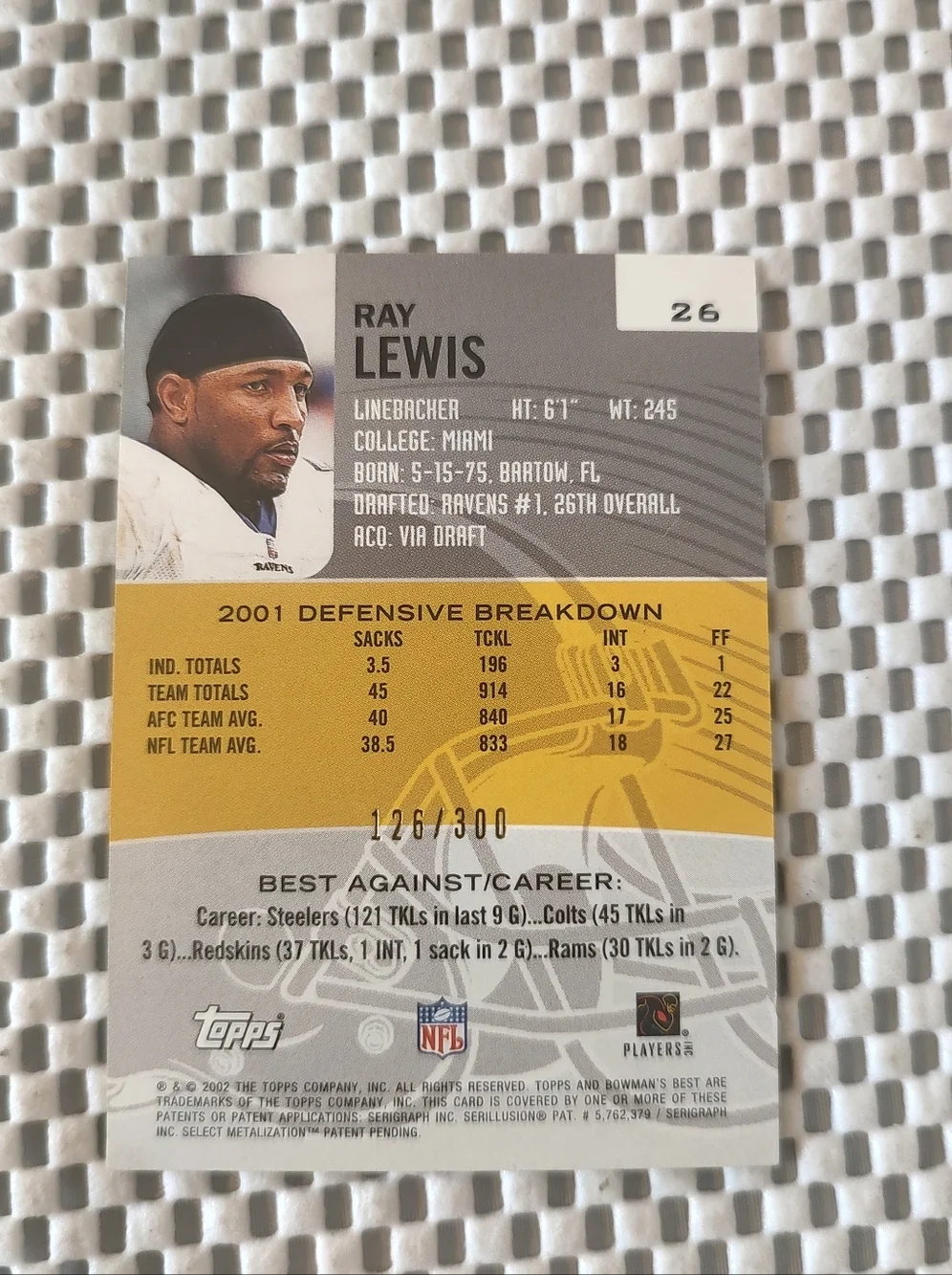 2002 Ray Lewis Football Trading Card As shown Smoke/pet free